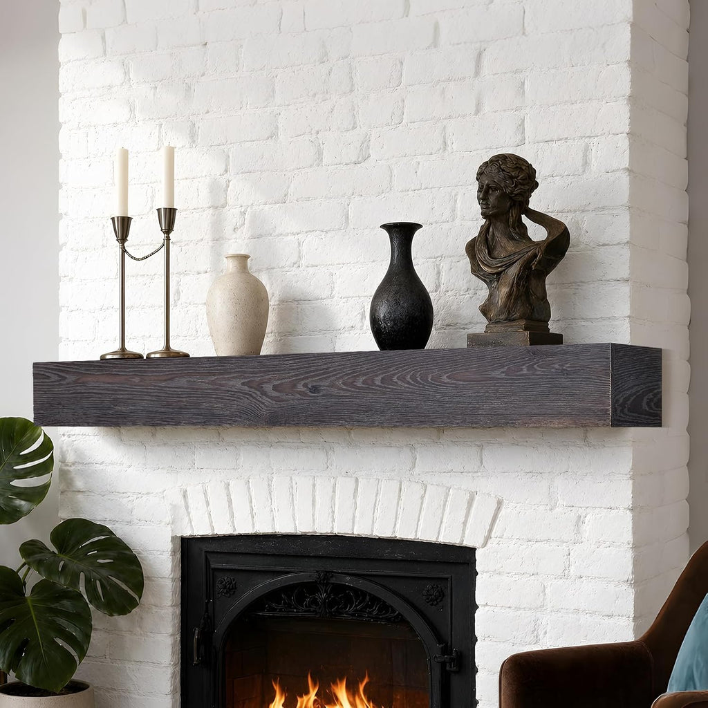 White Oak, 60 Solid Wood Floating Shelf Over the Fireplace, Wall-Mounted Rustic Mantel, Blackish Gray