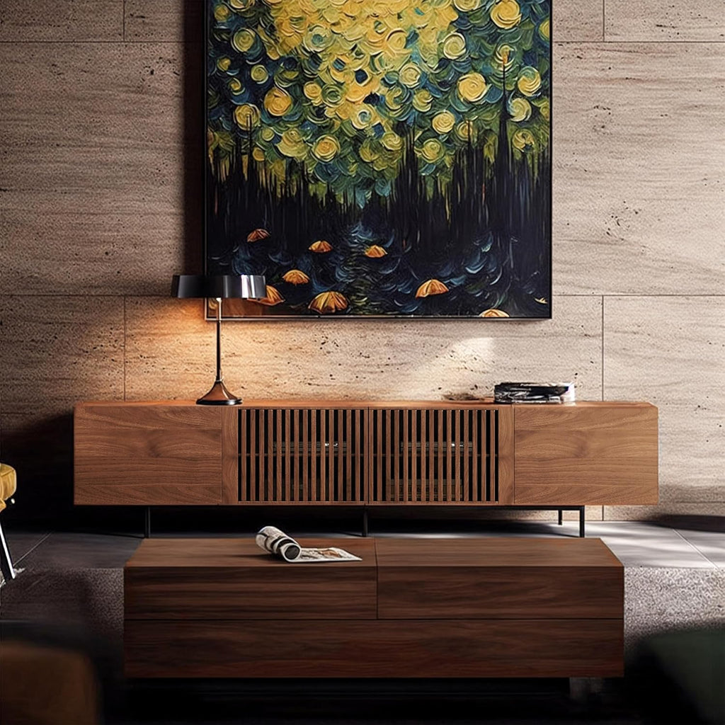 Mid Century Modern TV Stand with 4 Doors, 94.48 Inch Wide Entertainment Center TV Console for Living Room Bedroom