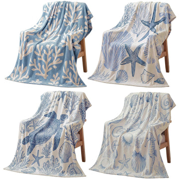 4 Pack Coastal Throw Blankets, 50 x 60 Inch Soft Flannel Ocean Gift
