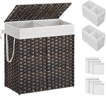 Laundry Hamper with Lid, 110L Wicker Laundry Basket | 6 Mesh Bags, 2 Removable Liner Bags, 13 x 22.4 x 23.6 Inches