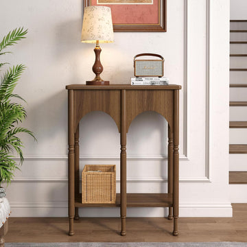 Console Table with Storage Shelf, 28" Retro 2-Tier Entryway Table, Wooden Sofa Table with Roman-Style Legs , Brown