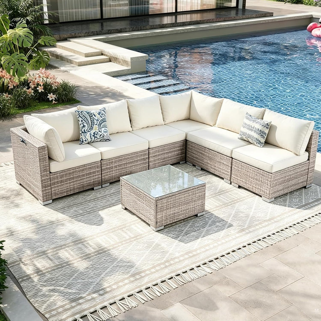 7 Piece Patio Furniture Sets, Rattan Conversation Sectional Set with Glass Table Outdoor Patio Sofa with Thick