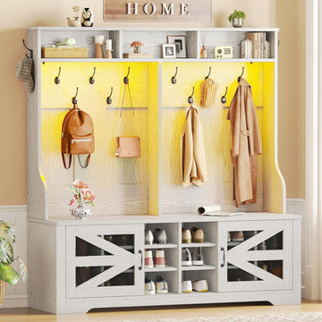 Hall Tree with Bench and Shoe Storage, 5-in-1 Entryway Bench with Coat Rack, 16 Shoe Cubbies & 12 Coat Hooks, Barn