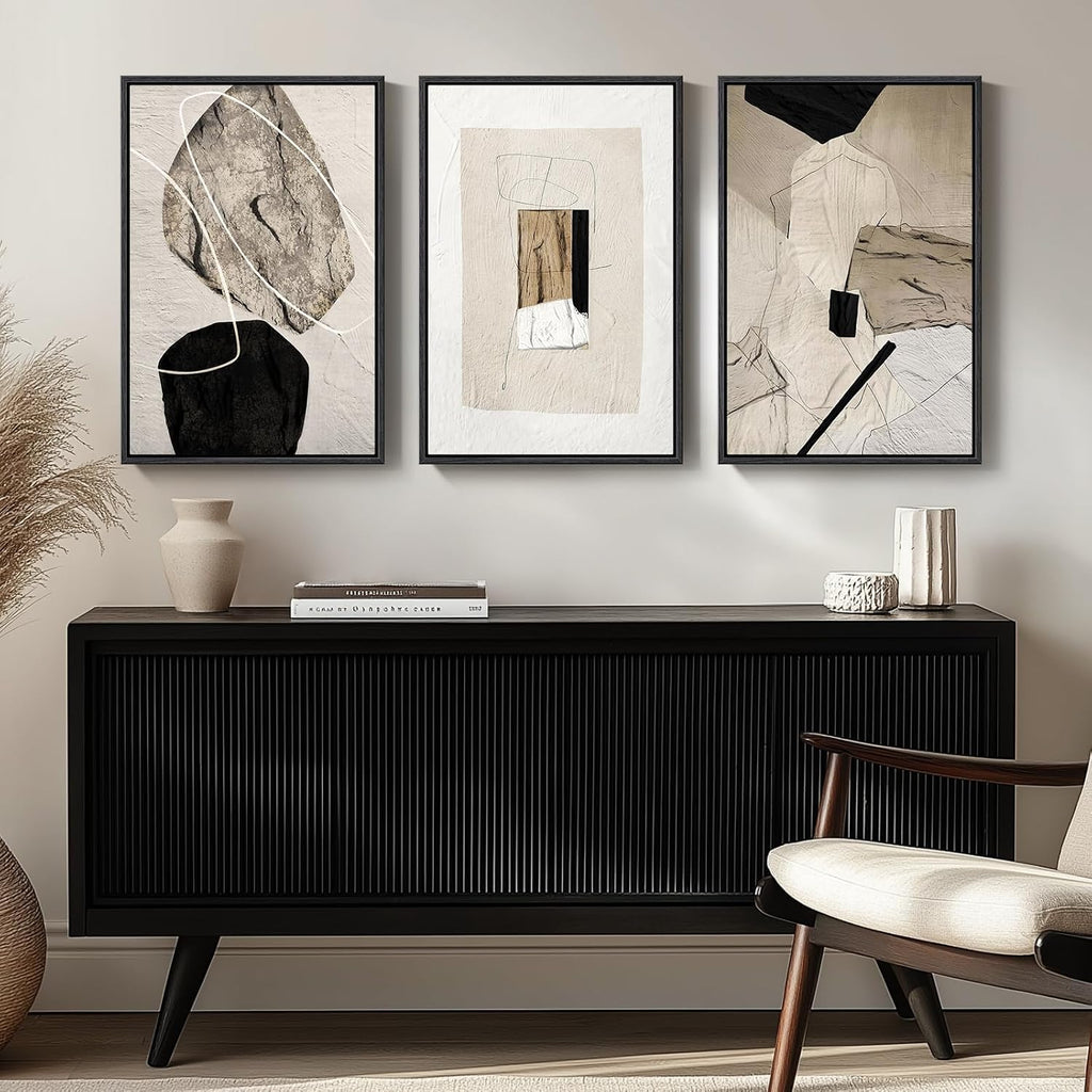 Large Framed Neutral Abstract Wall Art, 3 Piece Modern Canvas Prints Paintings Artwork for Walls, Minimalist Black