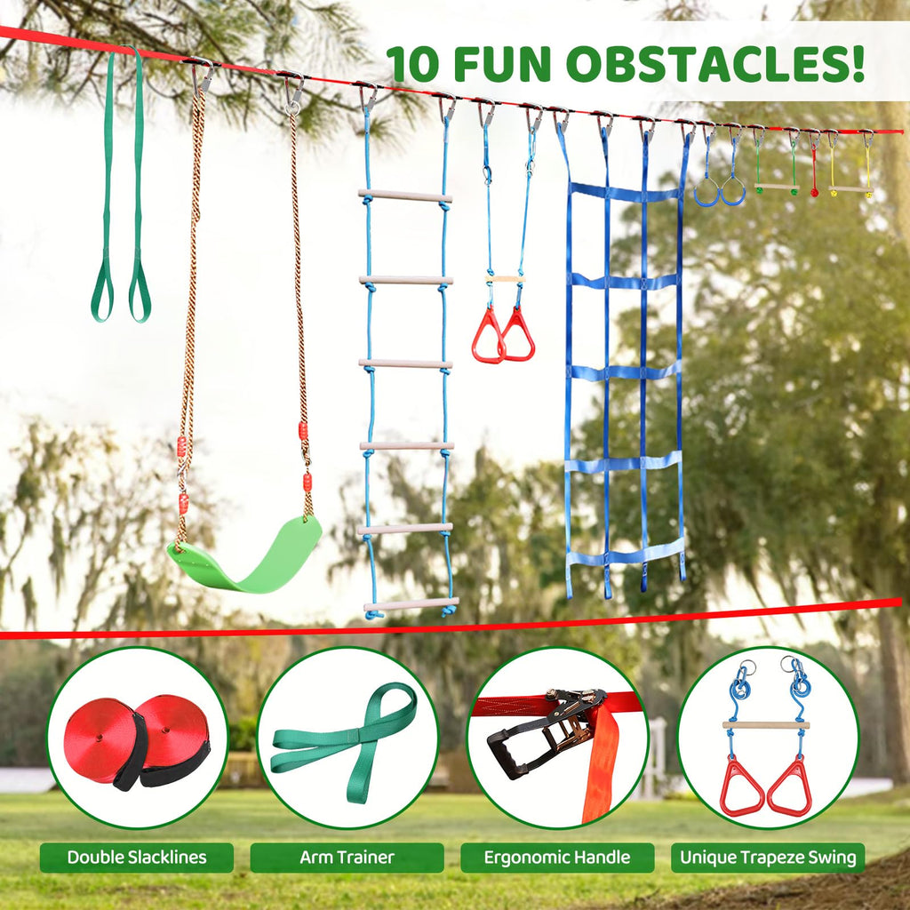 65FT Ninja Warrior Obstacle Course for Kids - Double Longest Slacklines with 10 Most Complete Accessories for Kids