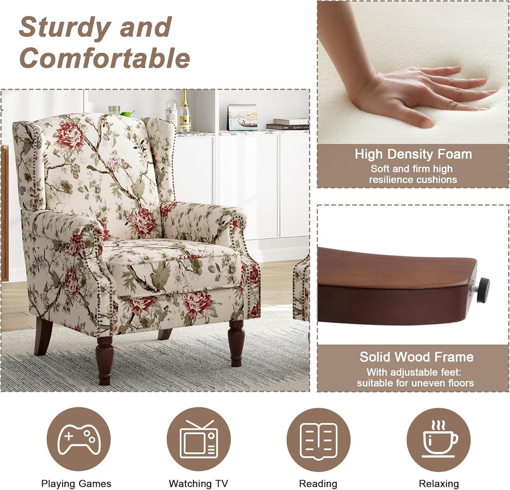 High Back Floral Accent Chair - Retro Wingback Upholstered Armchair with Nailhead Trim, Solid Wood Legs, Fabric