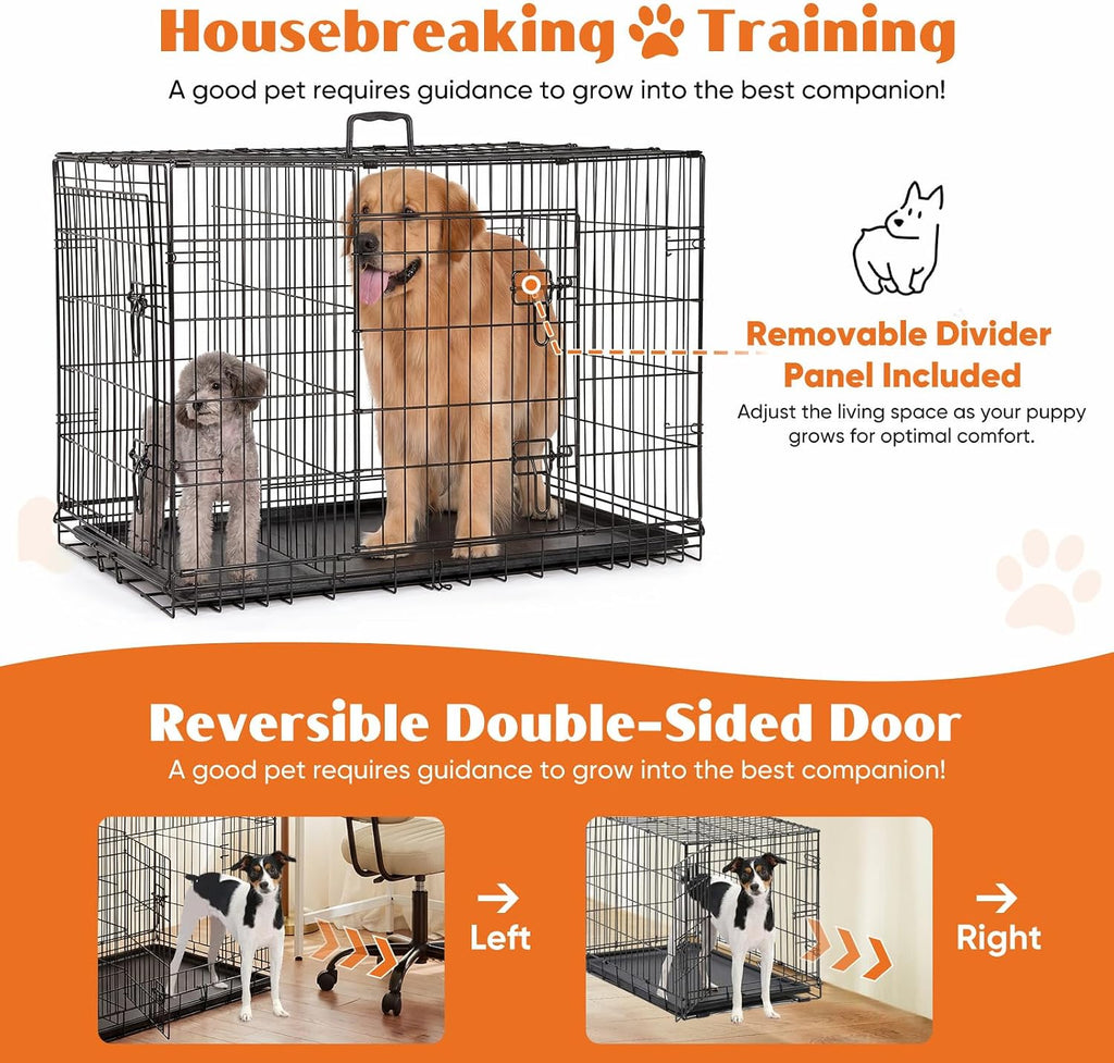 Large Dog Crate, 36 Inch Double Door Folding Metal Wire Dog Cage with Plastic Leak-Proof Pan Tray