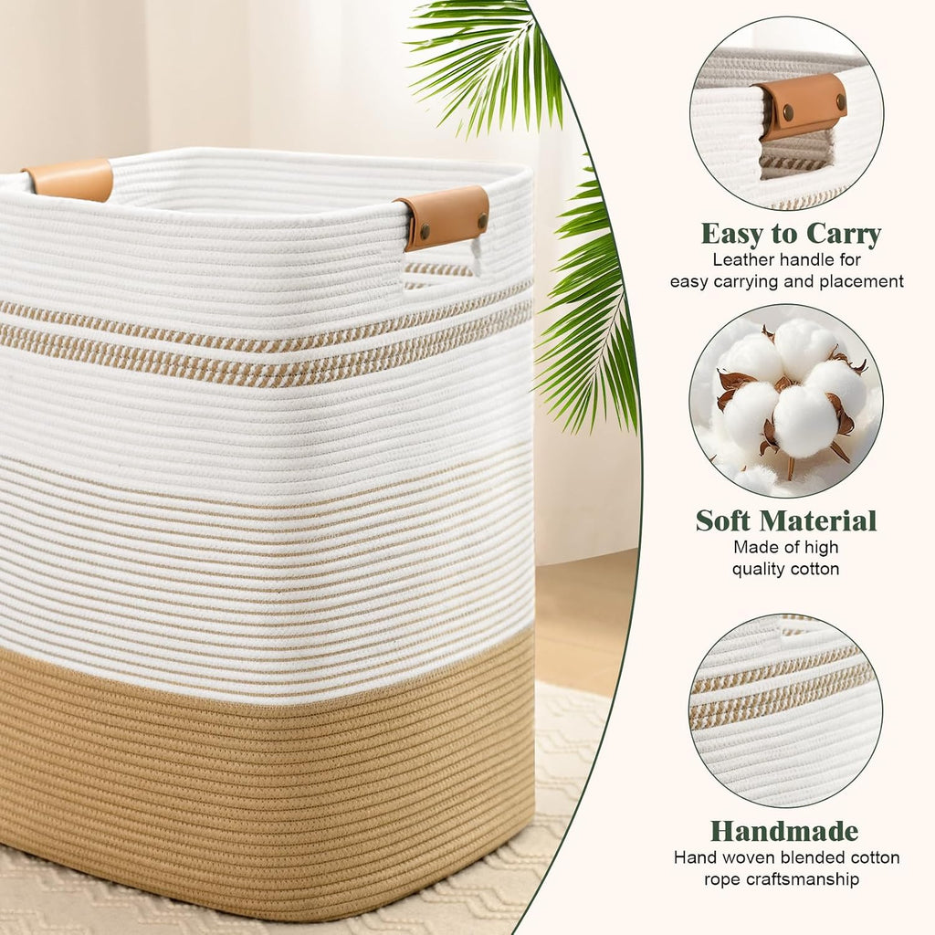 Laundry Hamper, 85L Tall Laundry Basket with Leather Handles, Rectangle Large Clothes Hamper for Organizing, Cotton