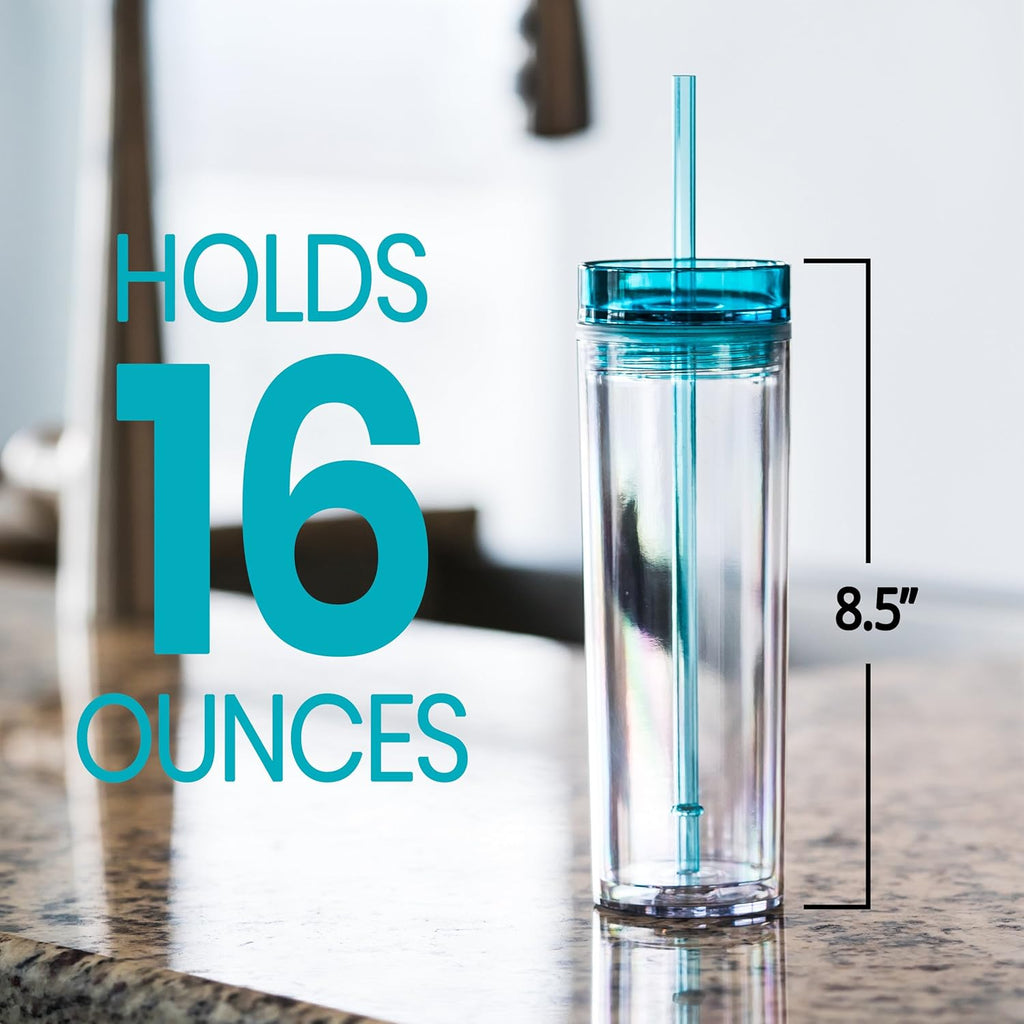 SKINNY TUMBLERS 4 Colored Acrylic Tumblers with Lids and Straws | Skinny, 16oz Double Wall Clear Plastic Tumblers