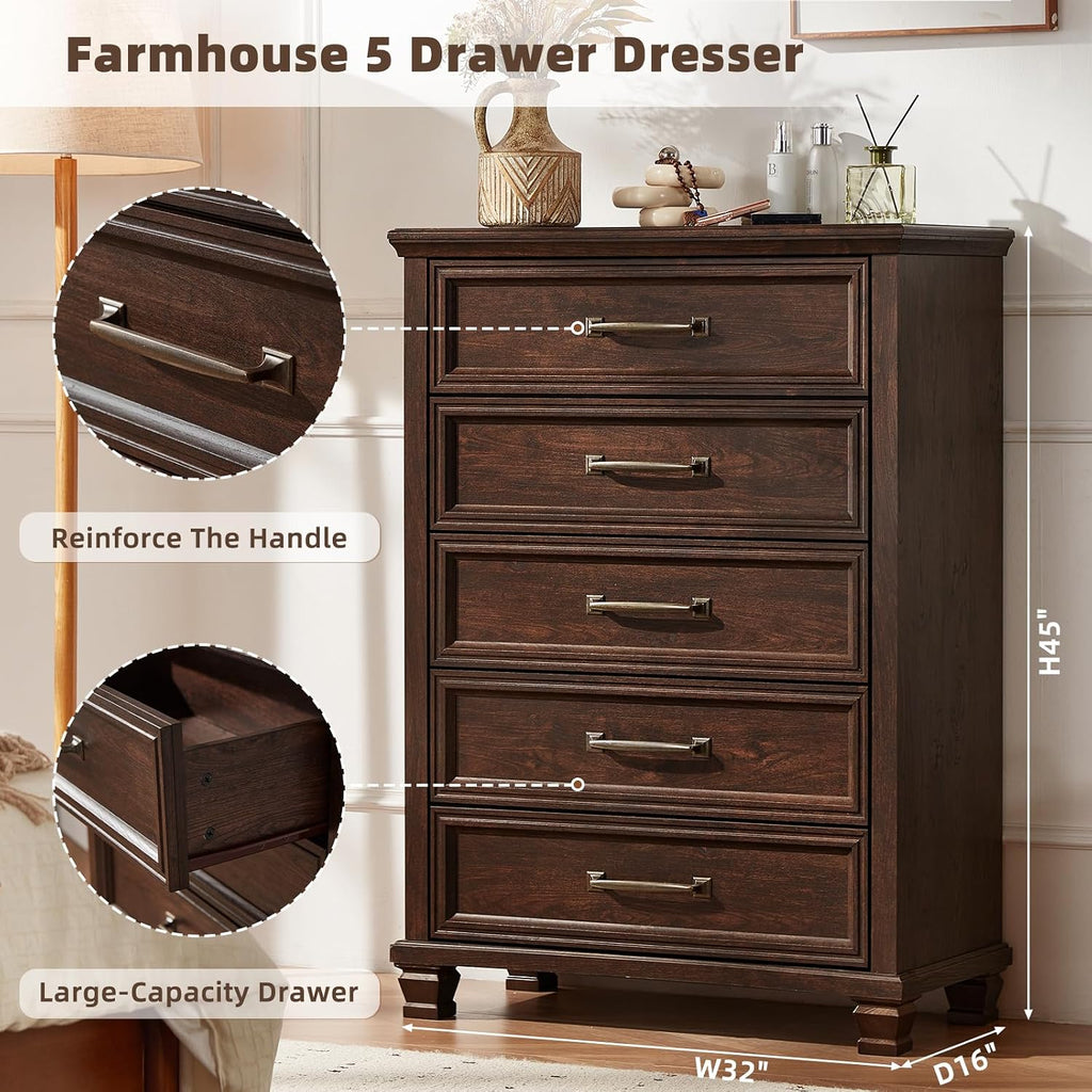 Farmhouse Chest of Drawers , 45" Tall Dresser for Closet, Rustic Wood Dressers , Walnut