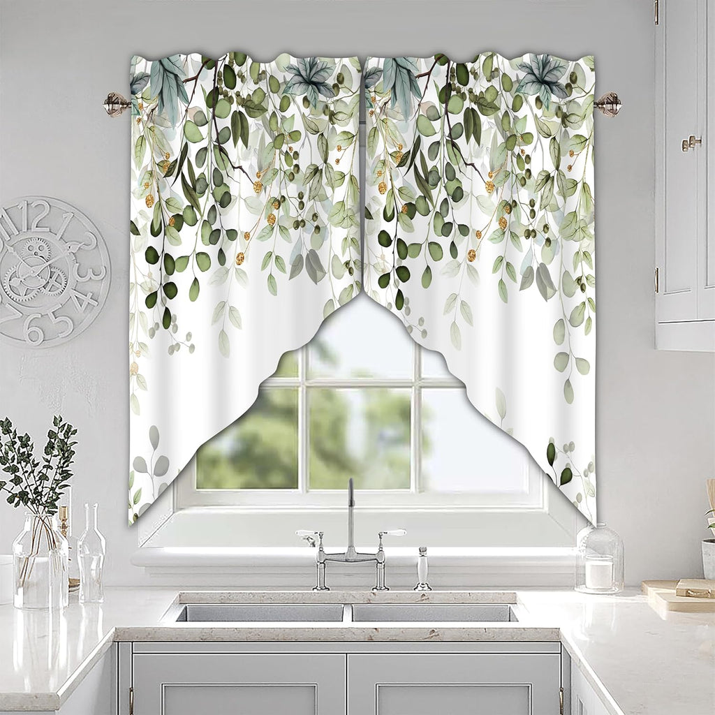 Sage Green Eucalyptus Swag Curtain Valance for Windows,Watercolor Leaves Window Treatments Short Swag Topper for Kitchen Windows Bathroom Bedroom, 1 Pair