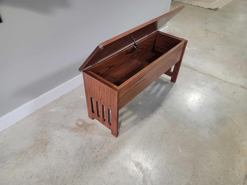 Wooden Storage Bench with Lid, Mission Style, Solid Oak Wood with Slats and Anti-Slam Hinges, 60'', Cherry Stain