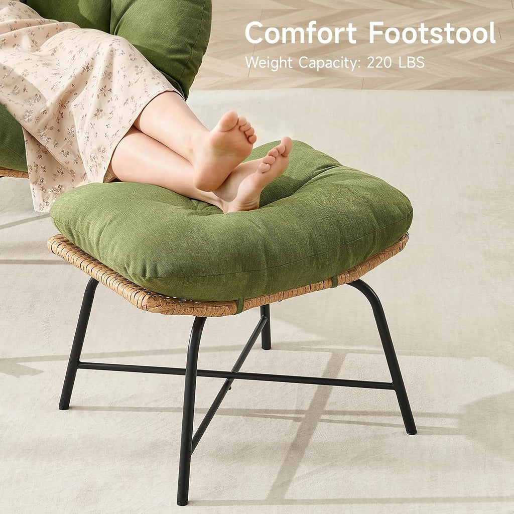Papasan Rocking Chair with Ottoman, Oversized Papasan Chair, Olive Green | Indoor & Outdoor Rocker Chair with Padded