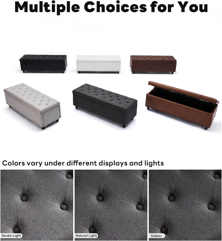 50.8" Ottoman With Storage, Storage Bench with Button-Tufted, End of Bed Storage Bench Safety Hinge with Rivets