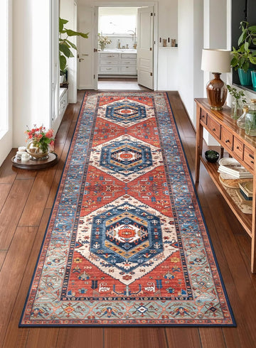 Runner Rug for Hallways, 2'6"x8' Washable Non Slip Boho Kitchen Runner Rug, Vintage Rust Ultra Soft 