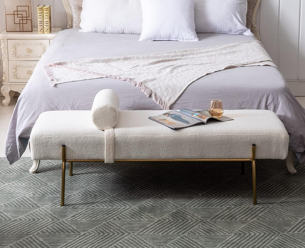 Modern End of Bed Bench, Upholstered Entryway Bench with Detachable Pillow , Faux Fur Ottoman Bench with Gold Metal