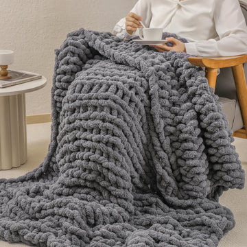 Chunky Knit Handmade Throw Blanket 60x80 Jumbo Chenille Dark Gray