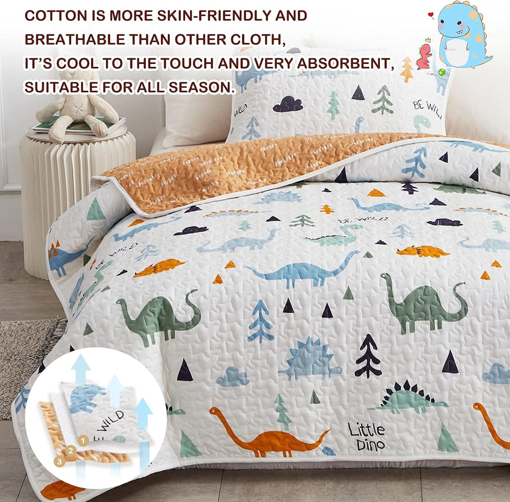3-Piece Cotton Quilt Set Full/Queen, Cute Dinosaur Reversible Design for Kids Boys n Girls, Breathable Quilt