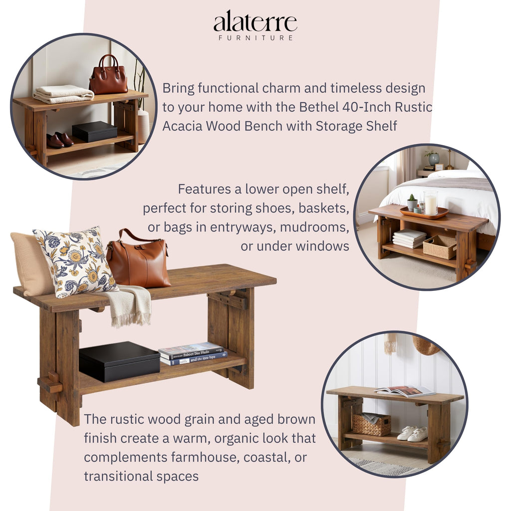 Bethel Rustic Solid Wood Entryway Bench with Shelf, Natural