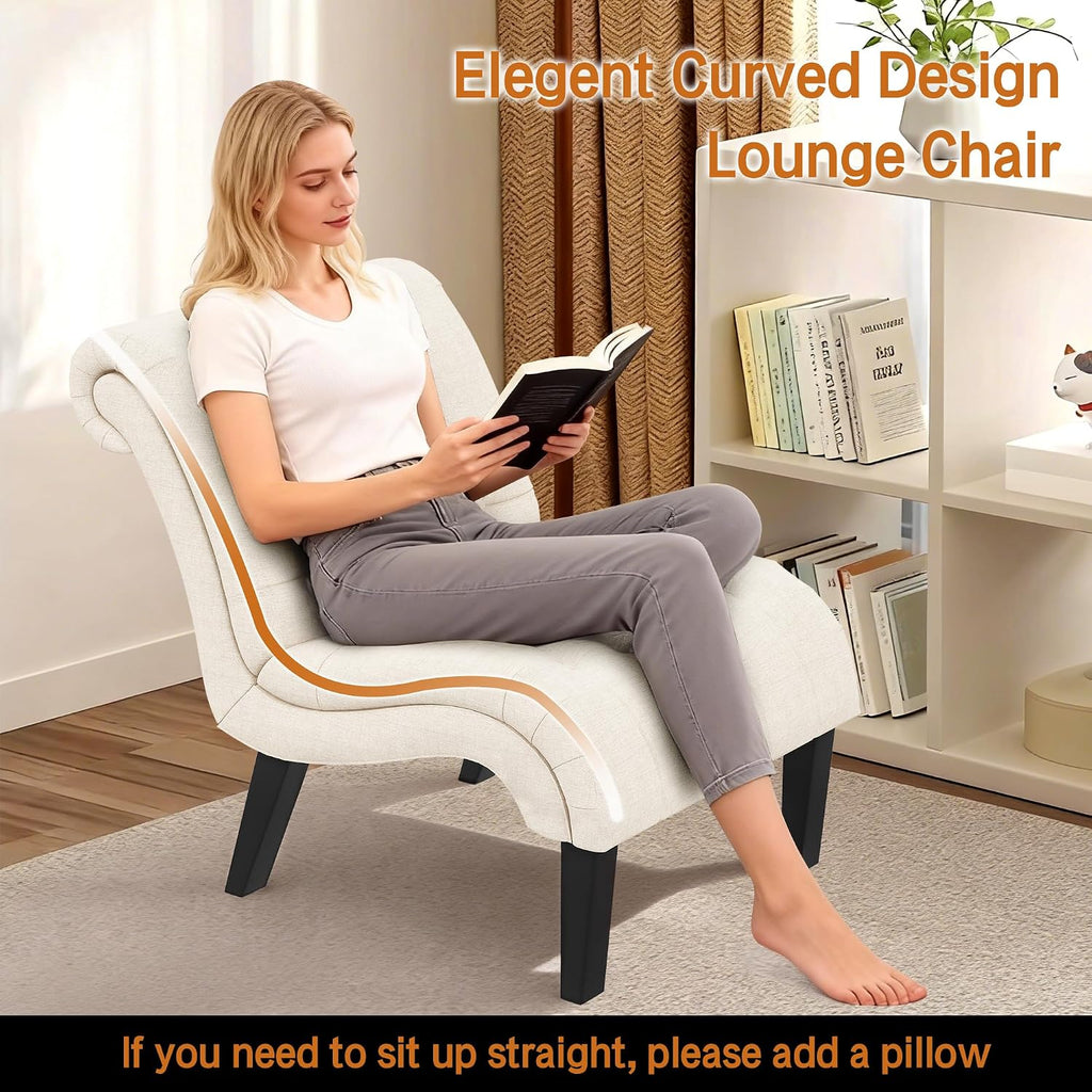 Mid Century Modern Accent Chair, Button Tufted Armless Lounge Chair, Upholstered Linen Side Chair with Solid Wood Legs