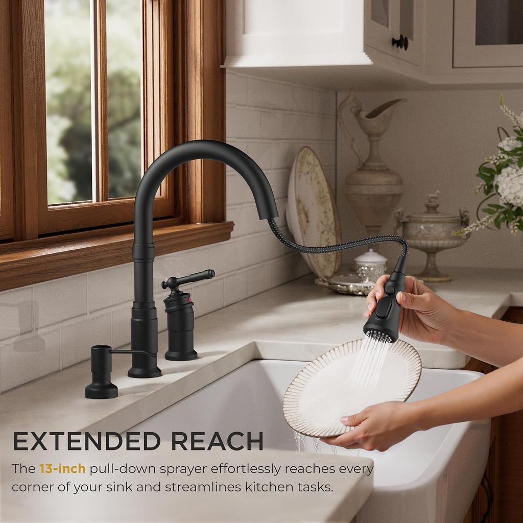 3 Hole Kitchen Faucet with Soap Dispenser, Matte Black