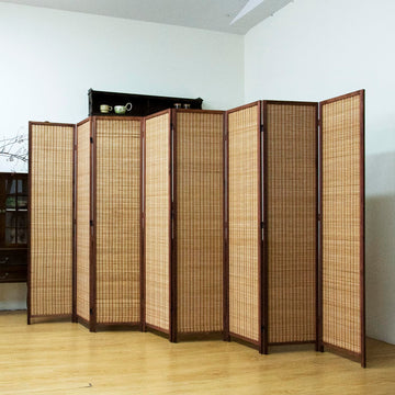 8 Panel Bamboo Room Divider - 5.6 ft Tall Brown Folding Privacy Screen, Double-Sided Freestanding Partition Wall with