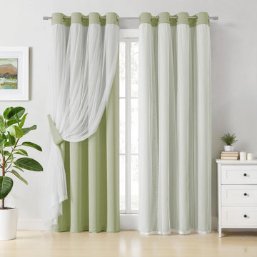 Sage Green Blackout Curtains with Sheer Overlay Mix and Match Double Layer Thermal Insulated Window Panels 84 inch