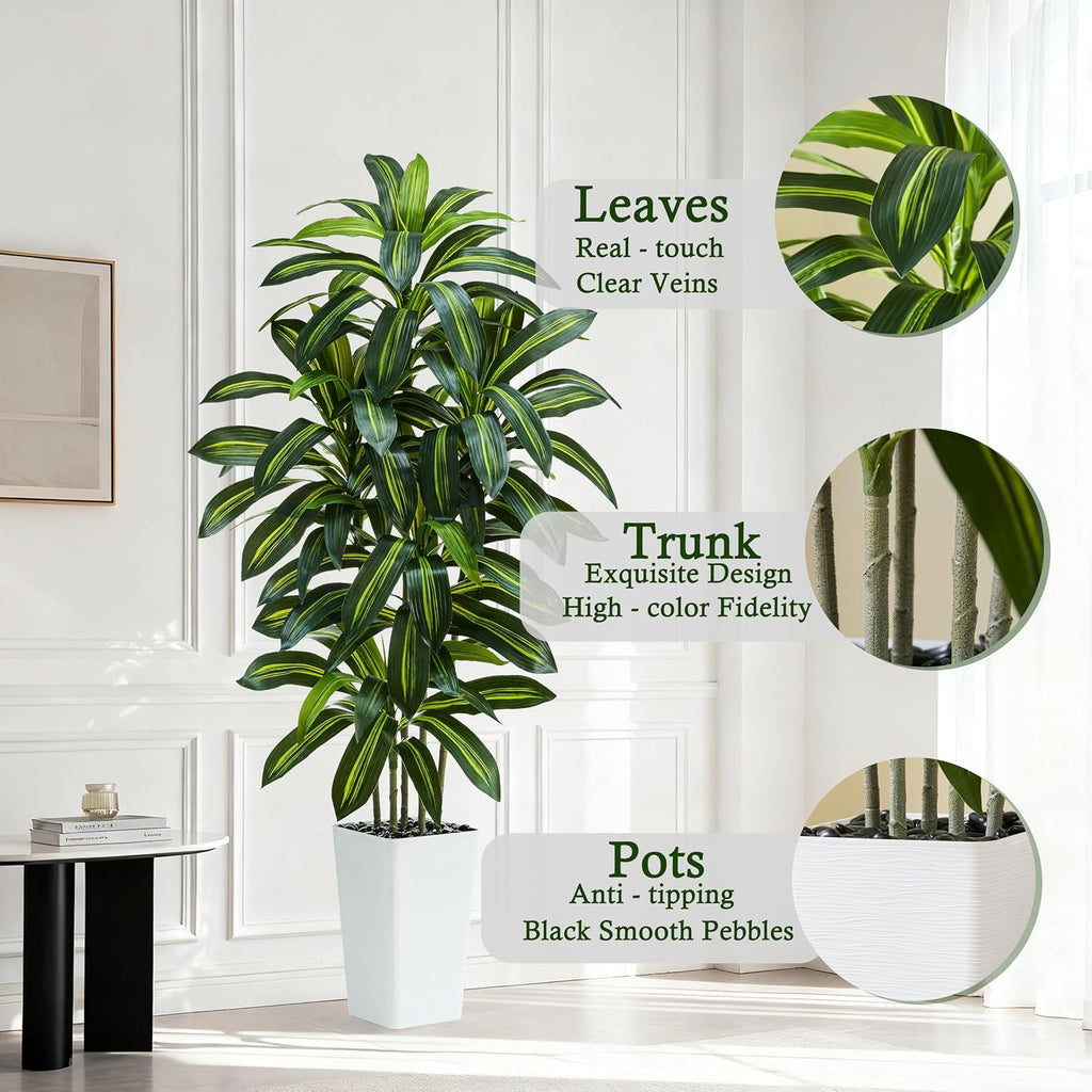Artificial Dracaena Tree:6FT Faux Silk Tropical Yucca Floor Trees Realistic Fake Green Plant with Natural Wood Trunk