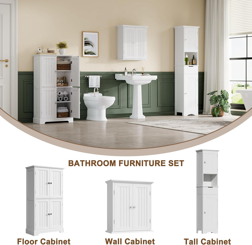 Bathroom Floor Cabinet with Adjustable Shelves | Bathroom Storage Cabinet, 4 Doors, Freestanding Cupboard , White
