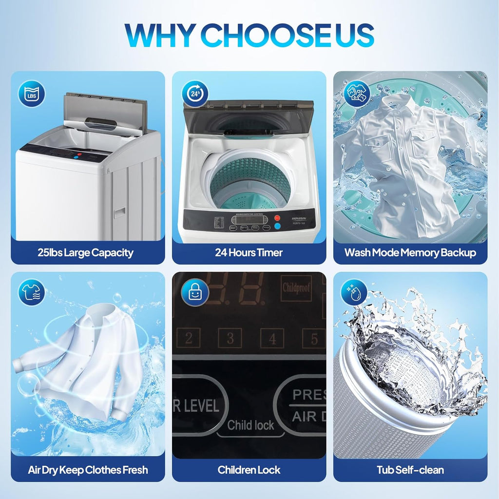 25LBS Portable Washing Machine, Full-Automatic Electric Laundry Machine with Stainless Steel Drum, Compact Washer and Spin Dryer Combo with Drain Pump for Home, Apartment