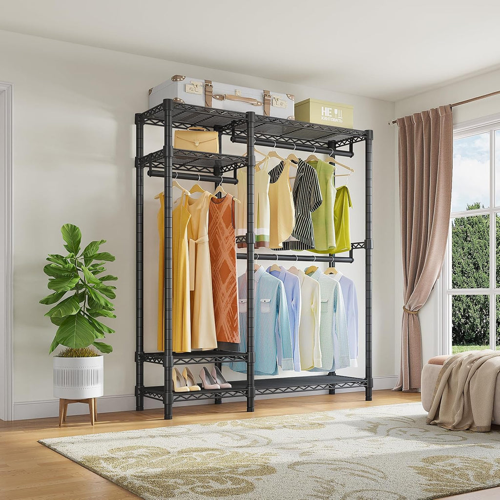 V2 Heavy Duty Clothes Rack, Portable Metal Closet System, Black | Freestanding Wardrobe with 4 Tiers Adjustable Wire