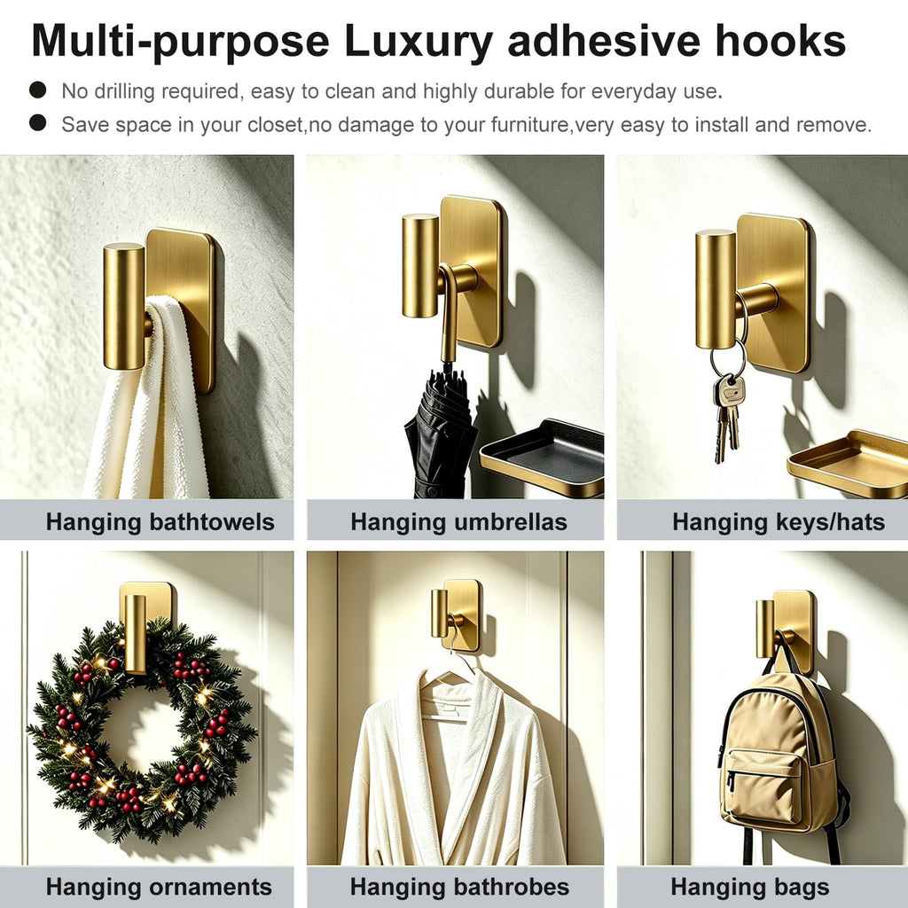 Adhesive Towel Hooks, Gold Wall Hook Self Sticky Holder No Damage