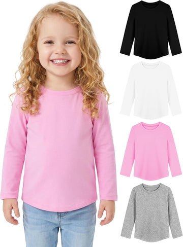 4 Pack Toddler Girls Long Sleeve Cotton Shirts Curve Hem Basic Tee