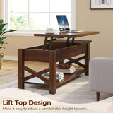 Coffee Table, 47.2" Lift Top with Hidden Compartment, 2 Way Lift Top Coffee Table with Open Shelf & X Wooded Support