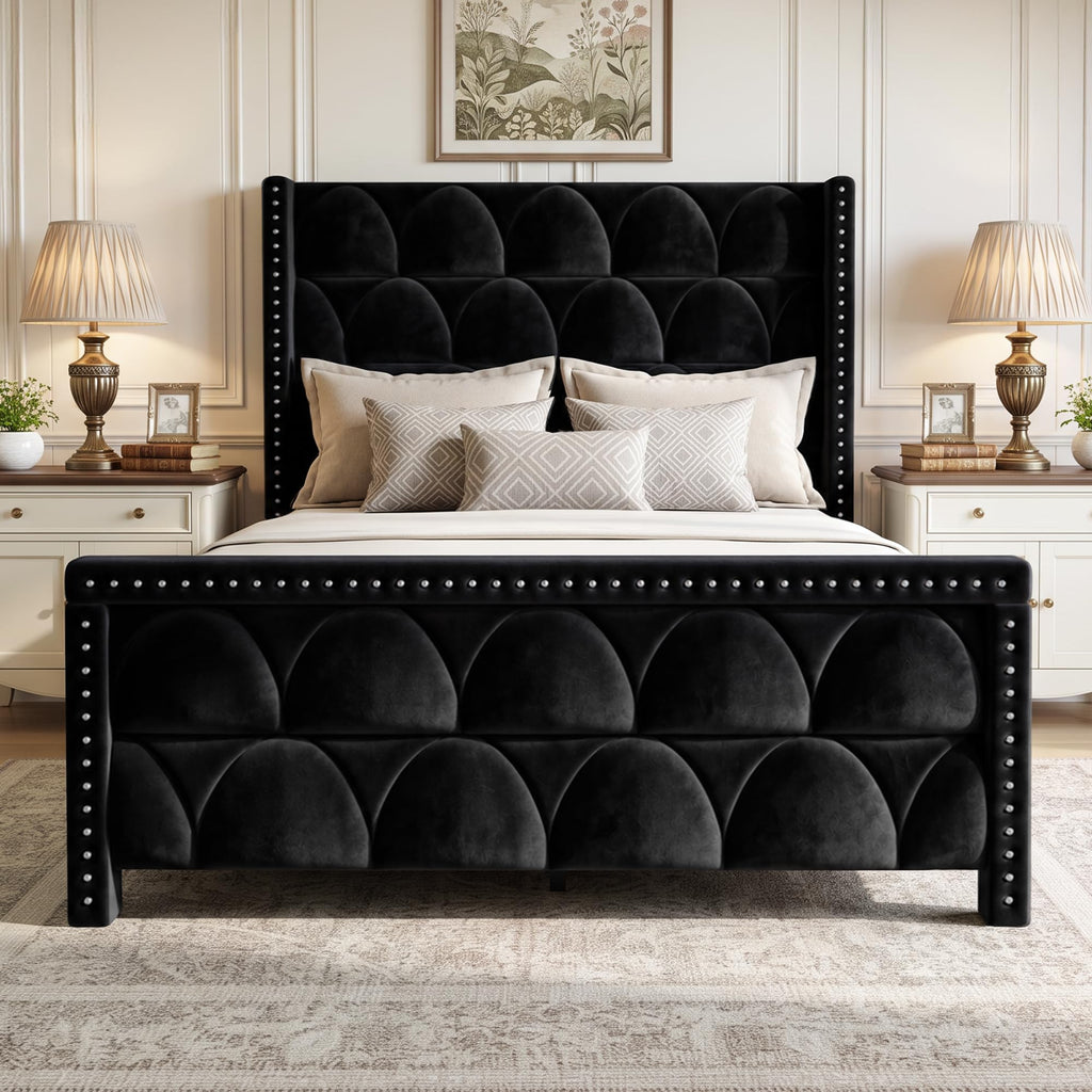 Queen Size Bed Frame with 56" Headboard - Velvet Upholstered Wingback Platform Bed Frame, Noise Free, Sturdy Wooden