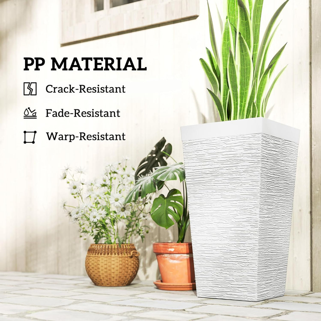 22.8 Inch Tall Planters for Outdoor Plants Set of 3, White | Wheels, Flower Pots, Stone Finish, Stackable Tapered