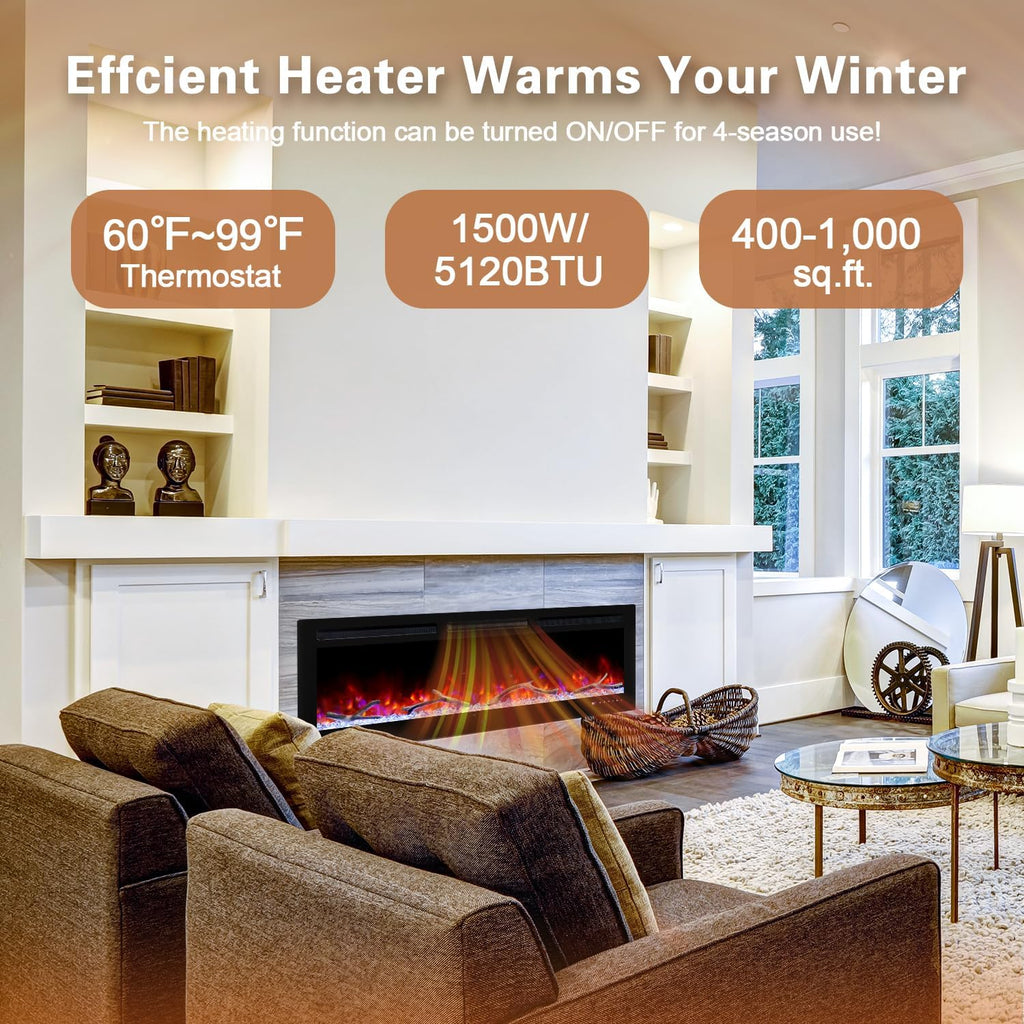 36 Inch Electric Fireplace, Recessed Fireplace Insert and Wall Mount Fireplace Heater with Remote & Touch