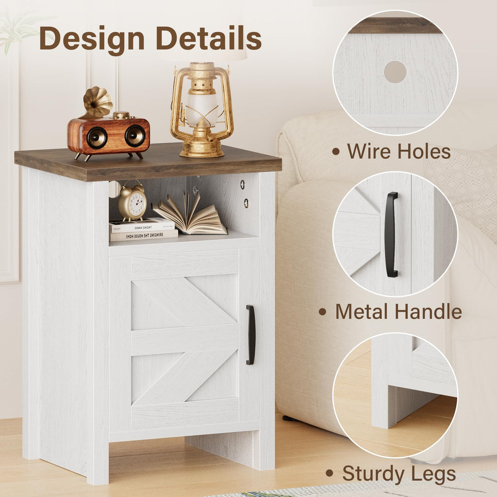 Farmhouse Nightstand with Barn Door, Rustic Brown & White