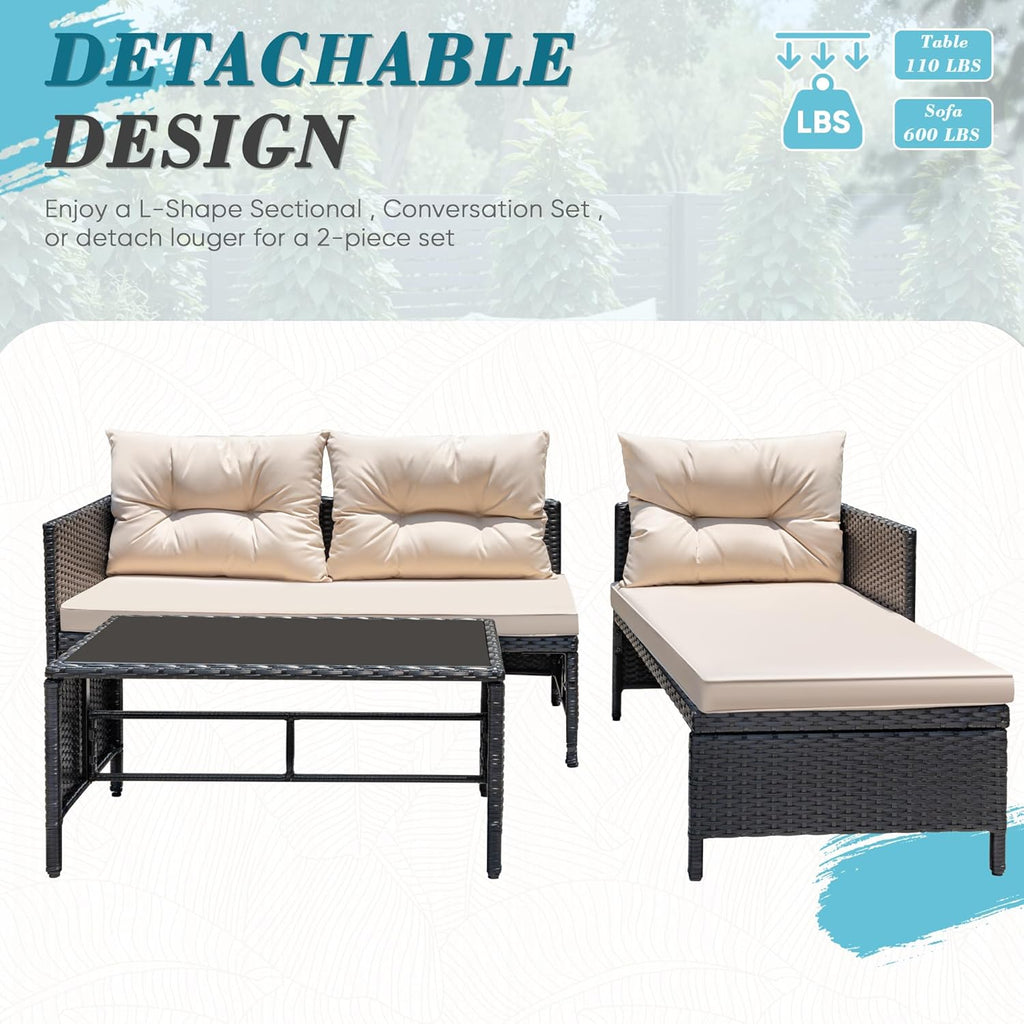 3 Piece Patio Furniture Set Outdoor Wicker Rattan Sectional Sofa with Cushions & Coffee Table for Yard, Garden