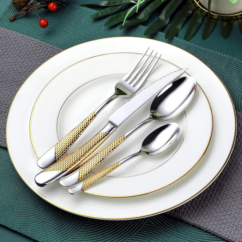 Hammered Silver Gold Silverware Set, 24-Piece 18/10 Stainless Steel Flatware Set, Service of 6