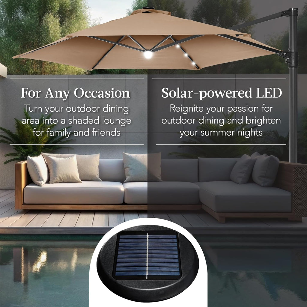 10ft Solar LED Offset Cantilever Hanging Market Patio Umbrella, Smooth 360° Rotation, 8 Sturdy Ribs, Easy Adjustment