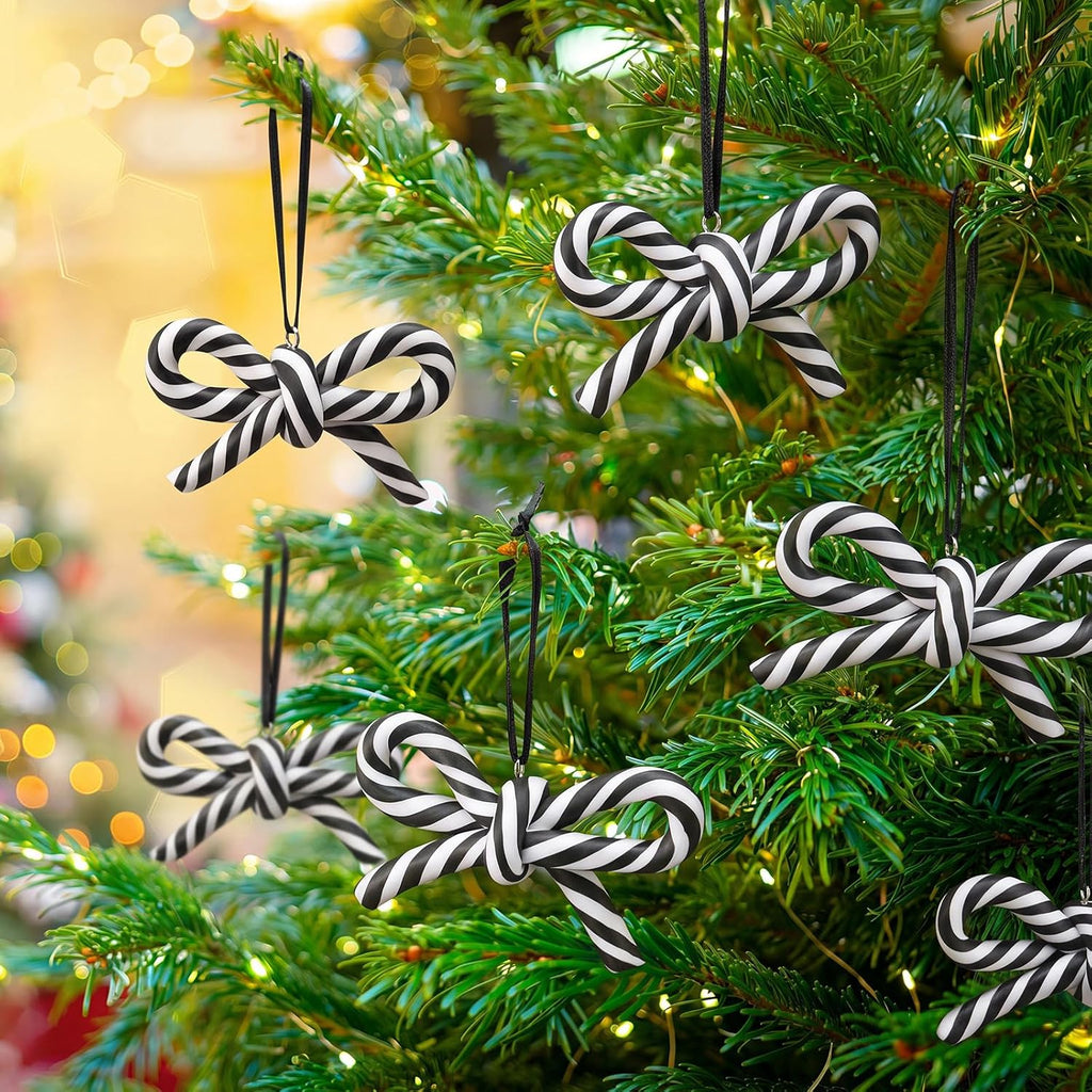 Black and White Bow Candy Cane Christmas Ornaments Christmas Tree Decoration Stripe Candy Cane Hanging - Set of 24
