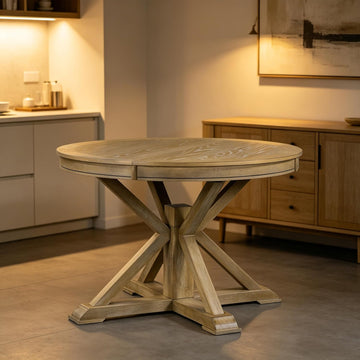 Retro Style Round Dining Table Functional Wooden Extendable Oval Dining Table with 12" Leaf and Natural Wood Grain