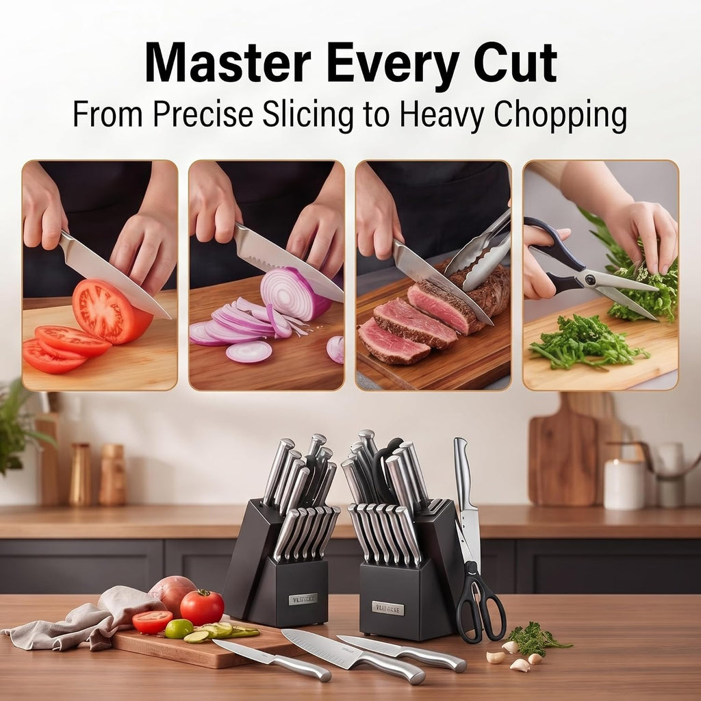 Knife Set Sharp Kitchen Knife Block Set w Built-in Sharpener | German Forged Stainless Steel,15 PC,Razor