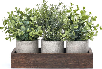 3 Pack Mini Potted Artificial Eucalyptus Fake Plants with Wood Tray Centerpiece Table Decorations, Farmhouse Pulp