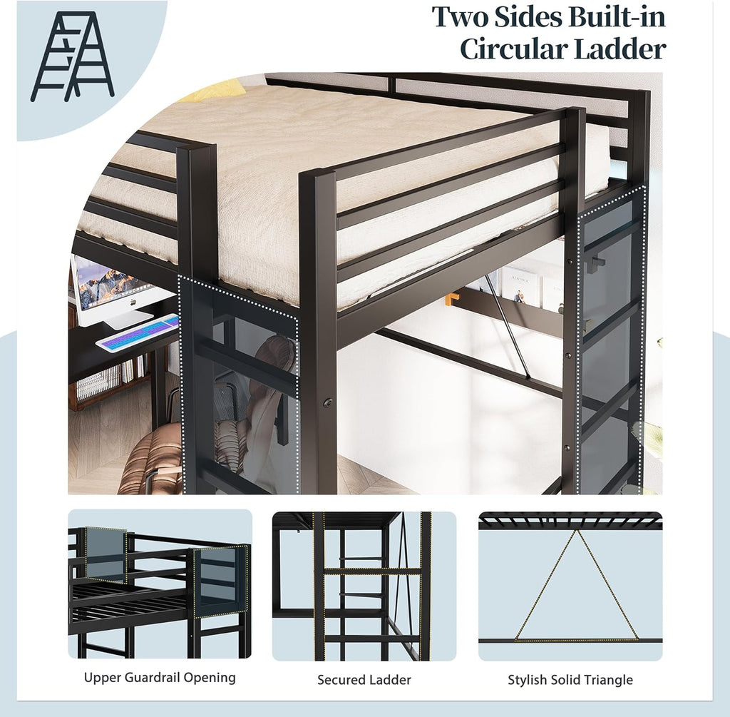 Loft Bed with Desk, Metal Loft Bed Full with 2 Built-in Ladders, Space-Saving Bed Frame, with Safety Guard