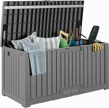 Outdoor Storage Box, 100 Gallon Deck Box, Waterproof Resin Storage Bench Cushions, Gardening Tools, Pool Toys