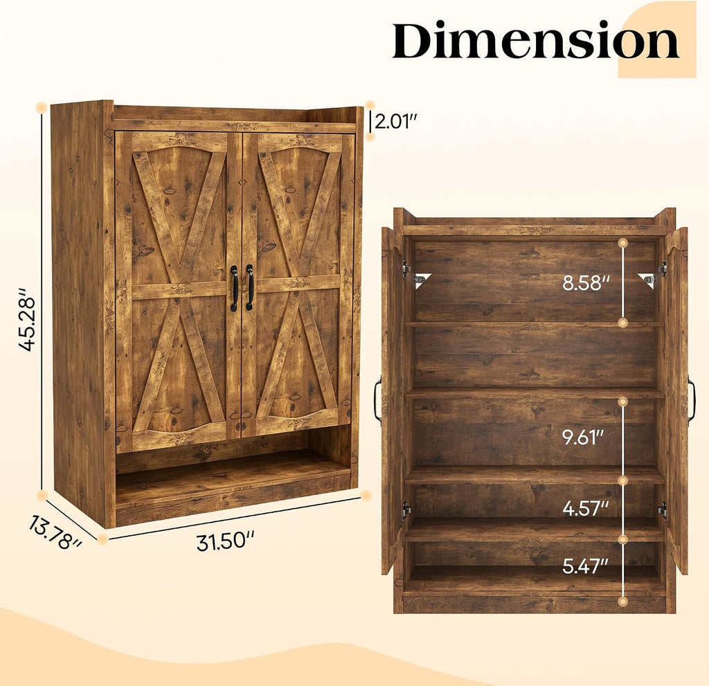 5-Tier Shoe Cabinet with Doors, Adjustable & Removable Shelves, Wooden Farmhouse Shoe Storage Organizer, Entryway