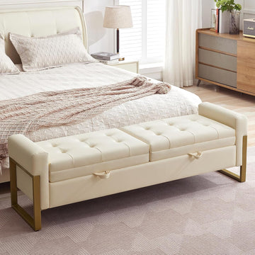 67" Storage Bench End of Bed King Size, Light Cream | Double Lids, Upholstered Faux Leather Storage Bench with Golden