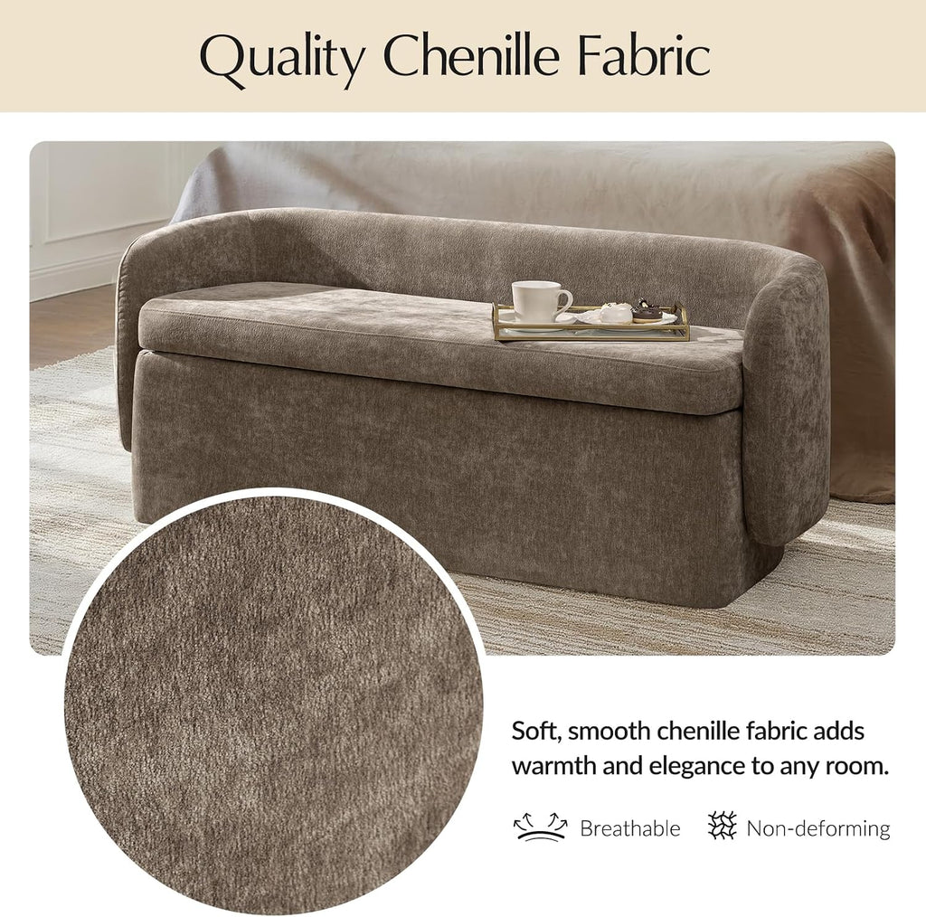 61" Bedroom Storage Bench with Low Backrest, Saddle | Upholstered Chenille End of Bed Bench, Large Storage Ottoman